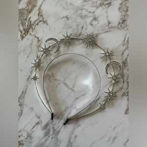 Double halo silver celestial moon and star headband crown.